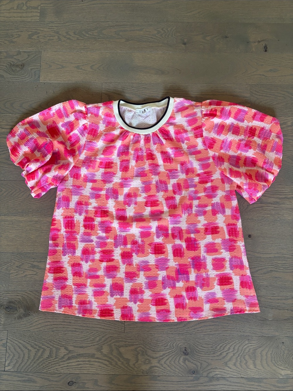 THML Pink Multi Brushstroke Puff Sleeve Top